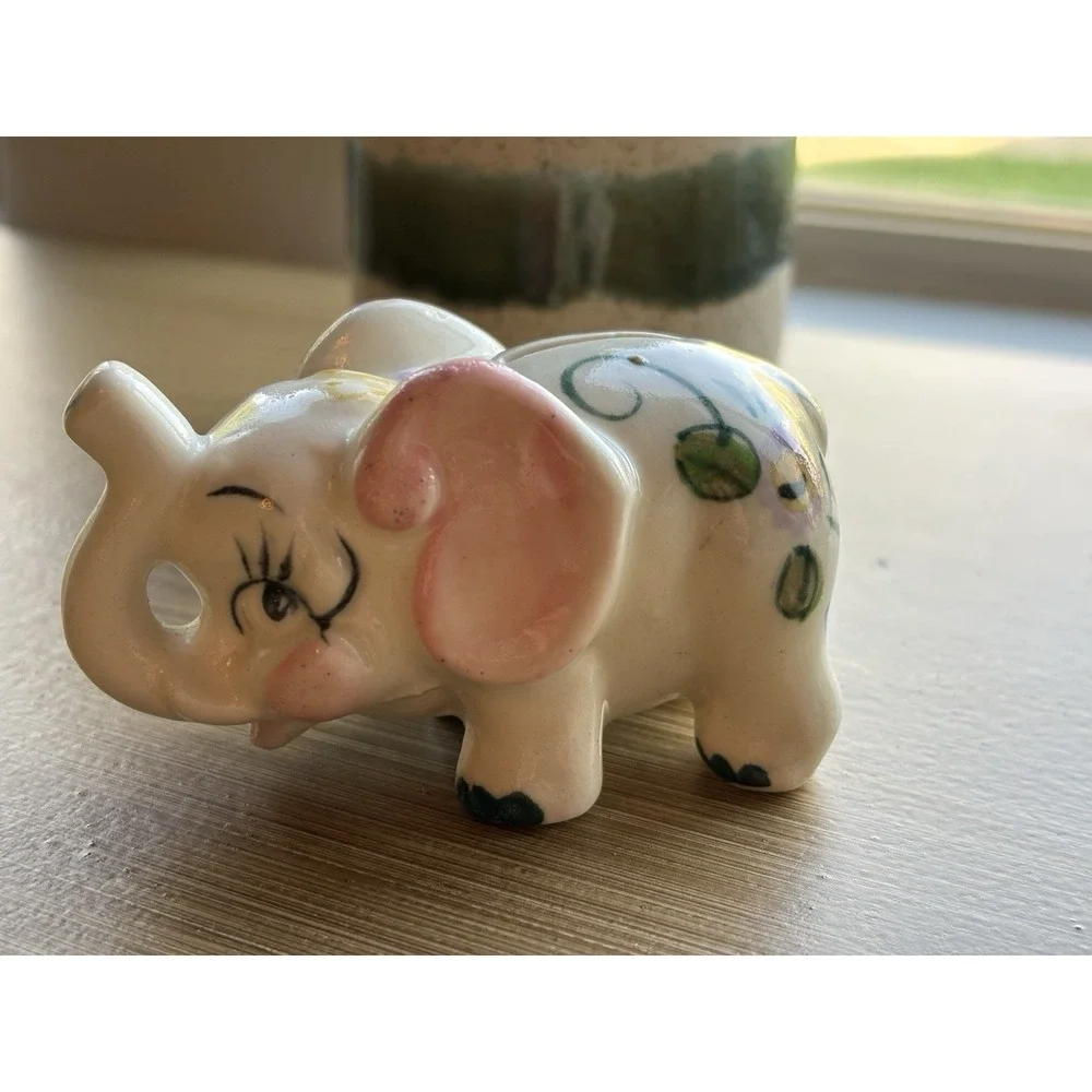 Vintage Whimsical Mini Elephant Nursery Piggy Bank Kitschy Ceramic Hand Painted